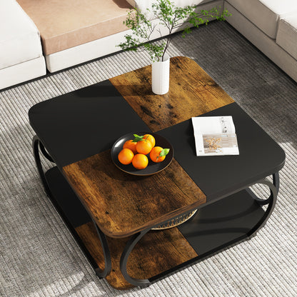 Nutshell 2 tier square coffee table with wooden and black panels in modern living room