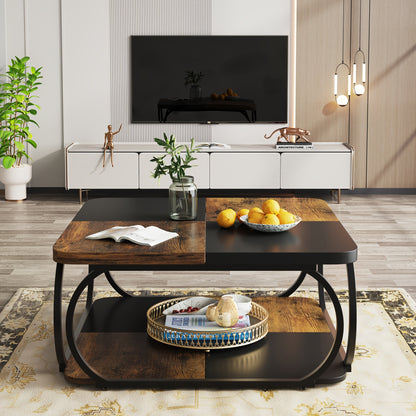 Nutshell 2 tier square coffee table with black metal frame and wood finish in modern living room