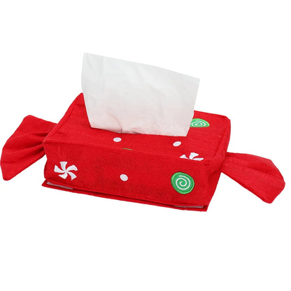 Festive red Christmas tissue box cover with candy design and soft fabric decoration for holiday decor