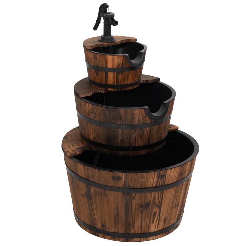 Nutshell solar waterfall fountain made of wooden barrels for outdoor relaxation and decoration