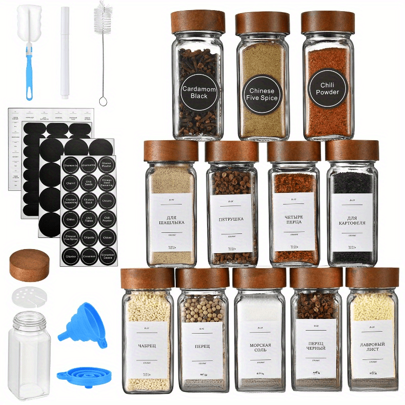 Acacia wood spice jars set with clear containers, labels, and accessories for organized kitchen storage