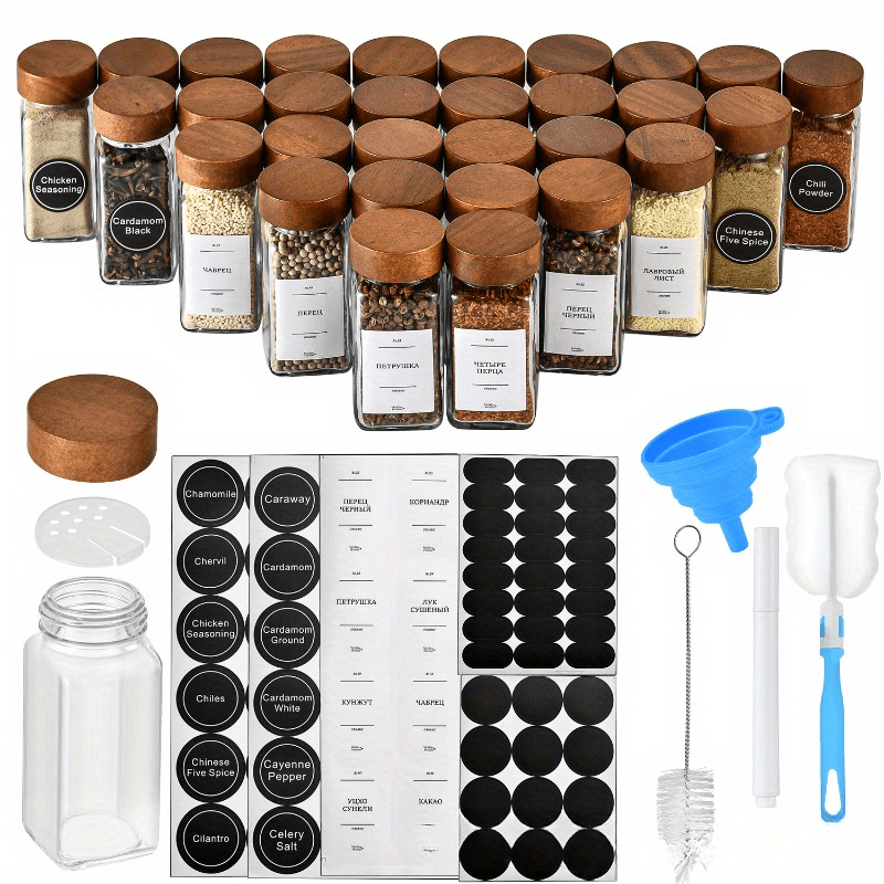 Acacia wood spice jars set with 48 jars, labels, and accessories for organized kitchen storage