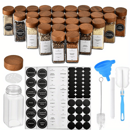 Acacia wood spice jars set with 48 jars, labels, and accessories for organized kitchen storage