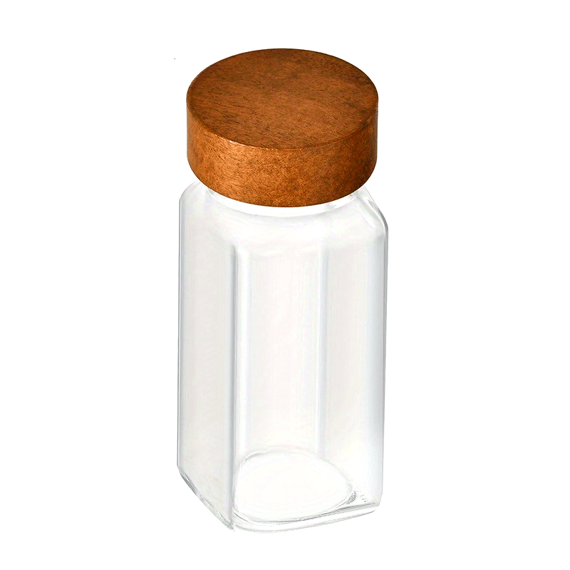 Nutshell Acacia wood spice jars set with clear glass body and wooden lids for stylish kitchen organization