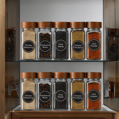 Nutshell Acacia wood spice jars set with various spices on a kitchen organizer shelf