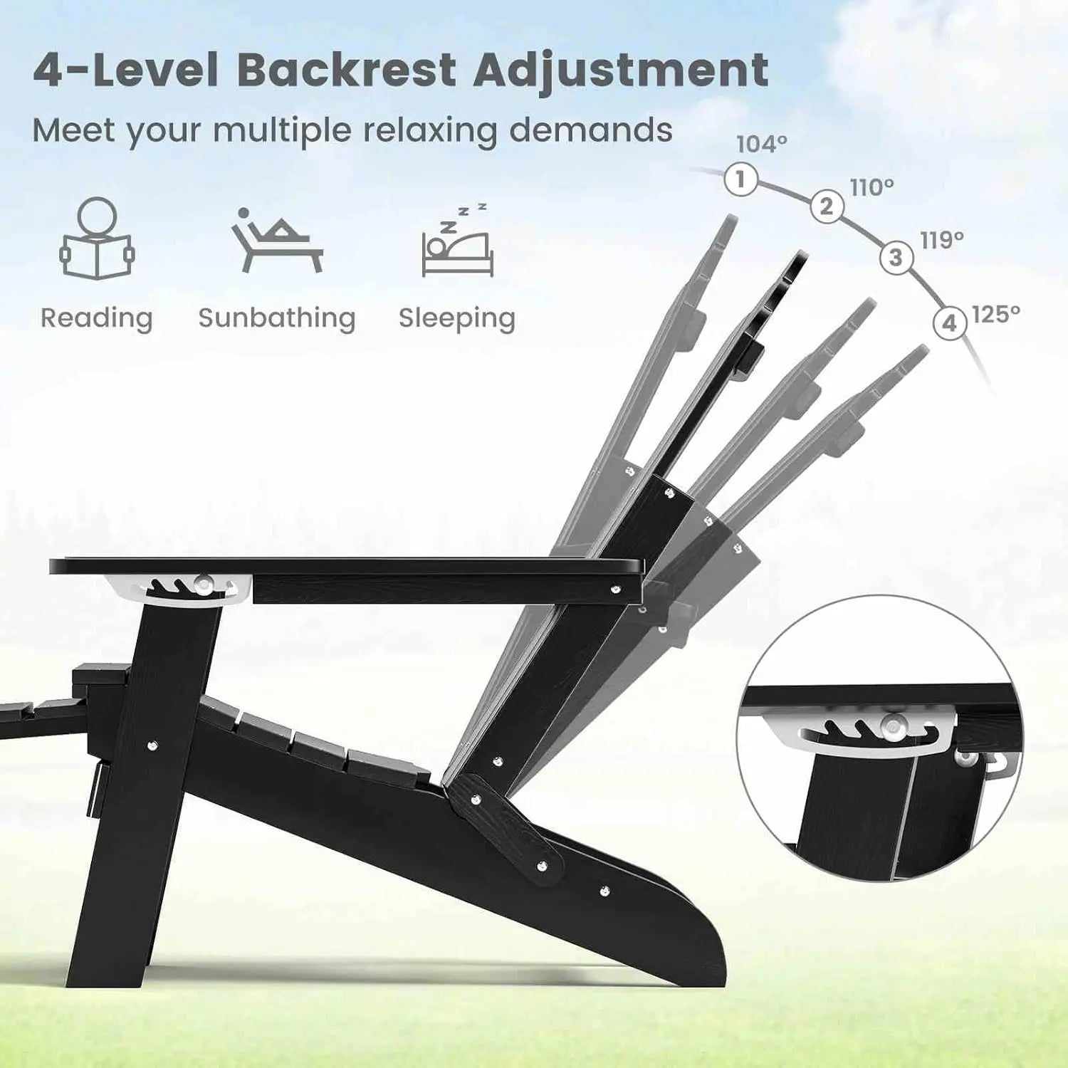 Nutshell adjustable Adirondack chair with footrest featuring 4-level backrest adjustment for versatile comfort