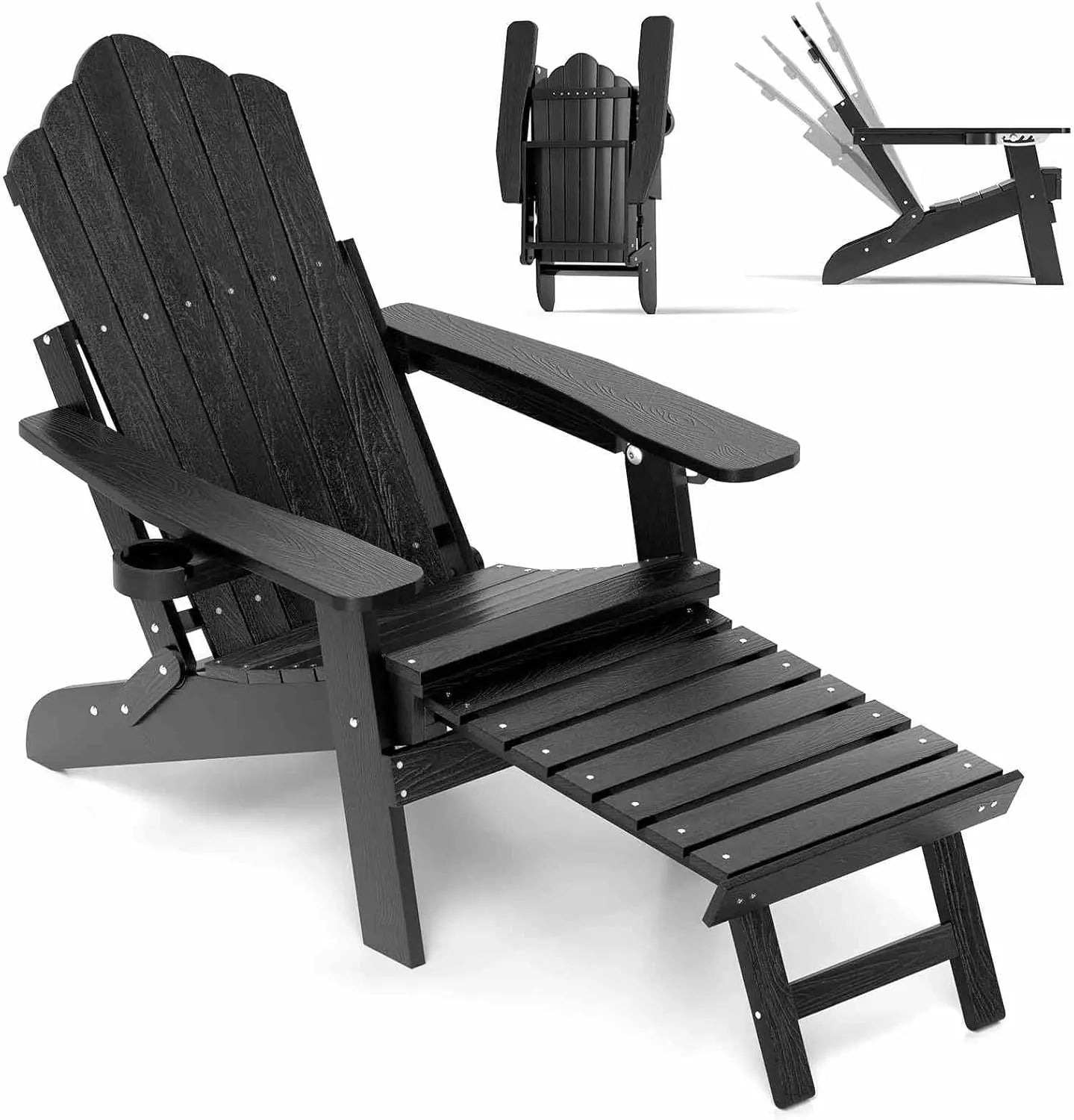 Nutshell adjustable Adirondack chair with footrest in black, perfect for outdoor relaxation