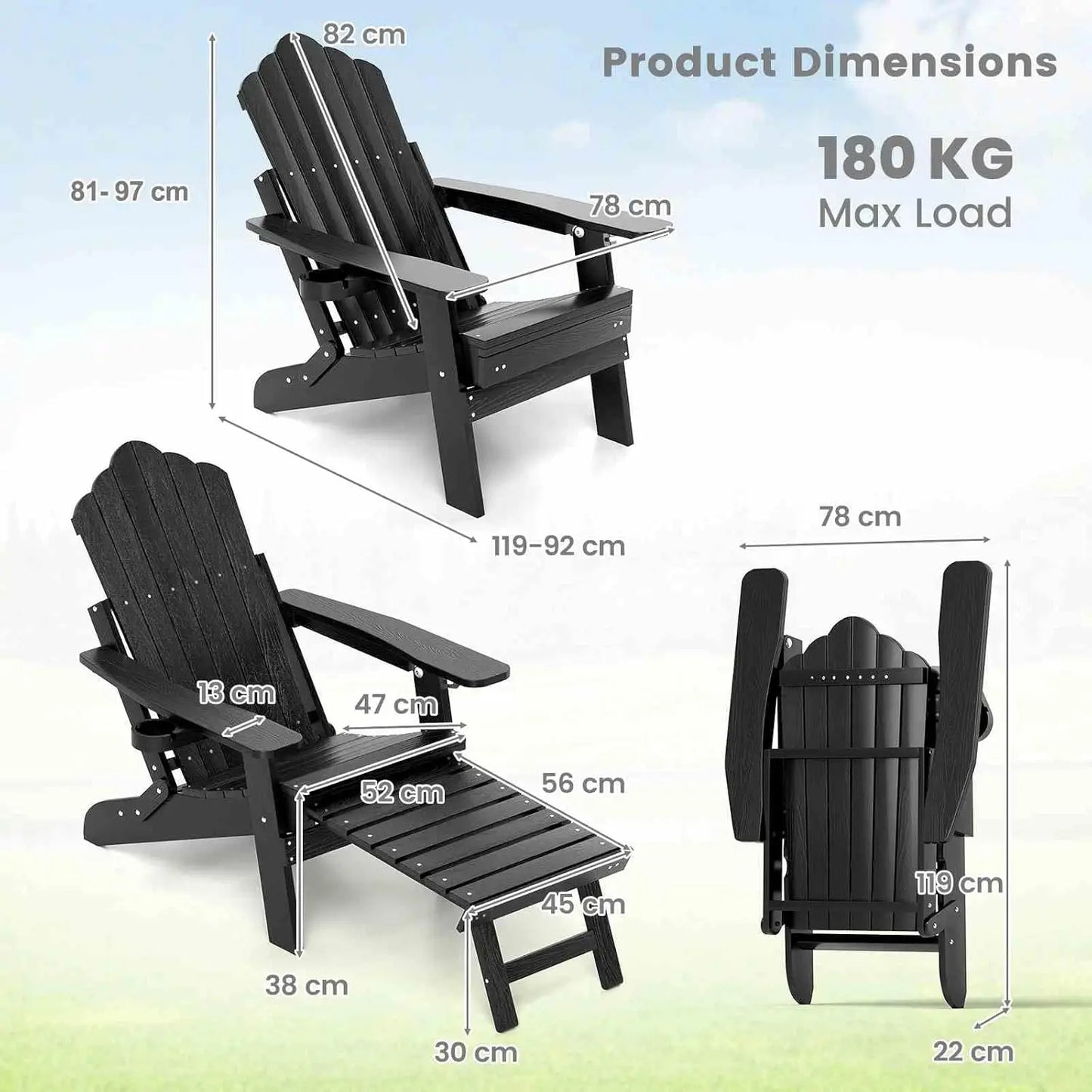 Black adjustable Adirondack chair with footrest, featuring ergonomic design and dimensions for comfort