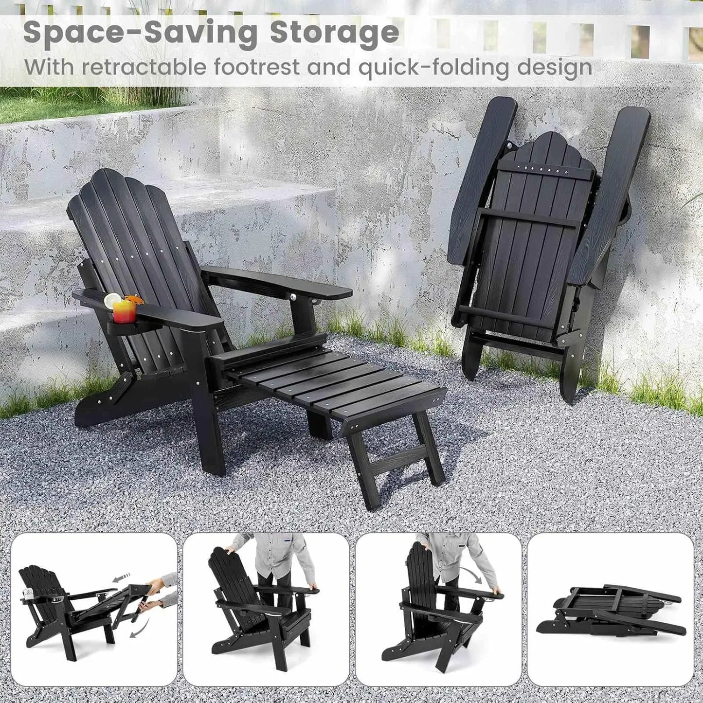 Nutshell adjustable Adirondack chair with footrest featuring space-saving storage and quick-folding design