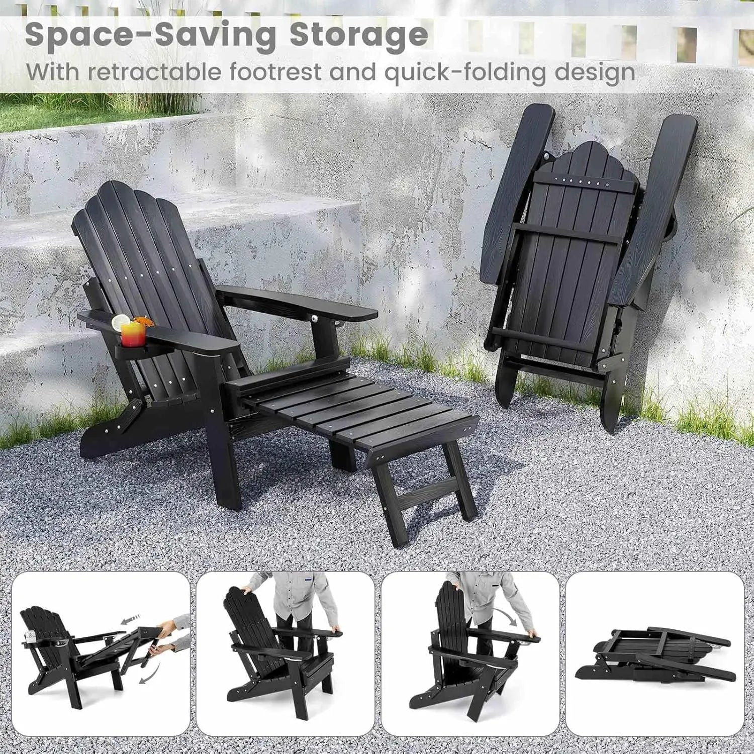 Nutshell adjustable Adirondack chair with footrest featuring space-saving storage and quick-folding design
