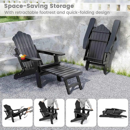 Nutshell adjustable Adirondack chair with footrest featuring space-saving storage and quick-folding design