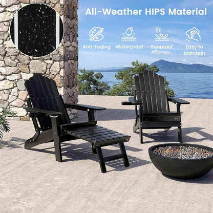 Black adjustable Adirondack chair with footrest set on patio near a stone wall and fire pit