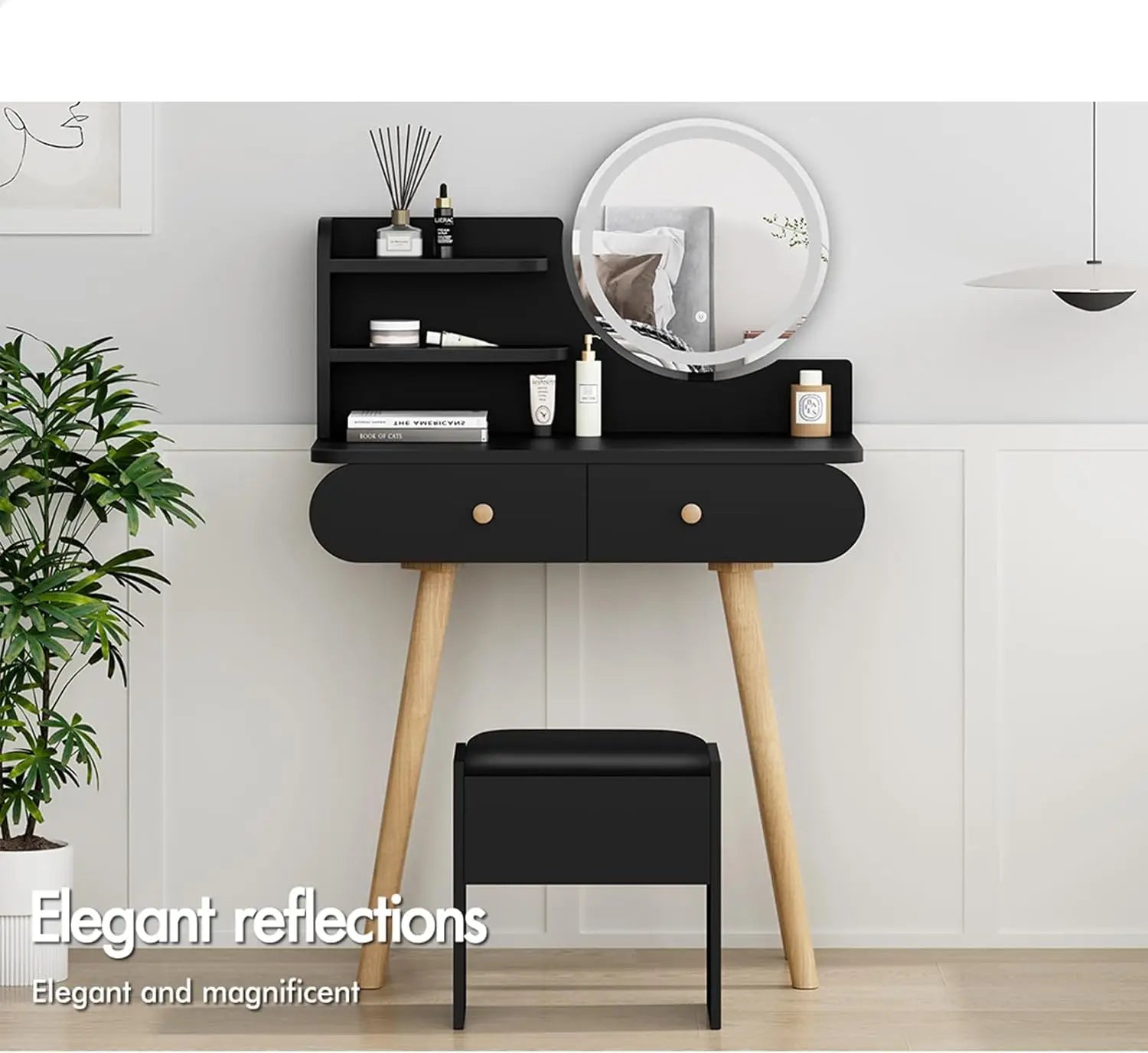 Nutshell black dressing table and stool set with round mirror wooden tapered legs and storage shelves