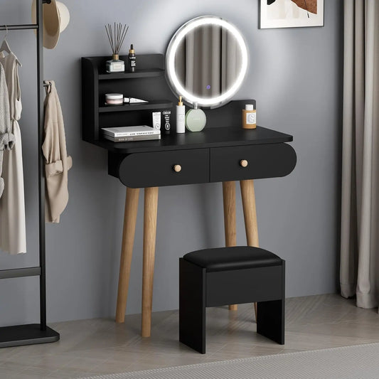 Nutshell black dressing table and stool set with round LED mirror wooden legs two drawers and cushioned stool