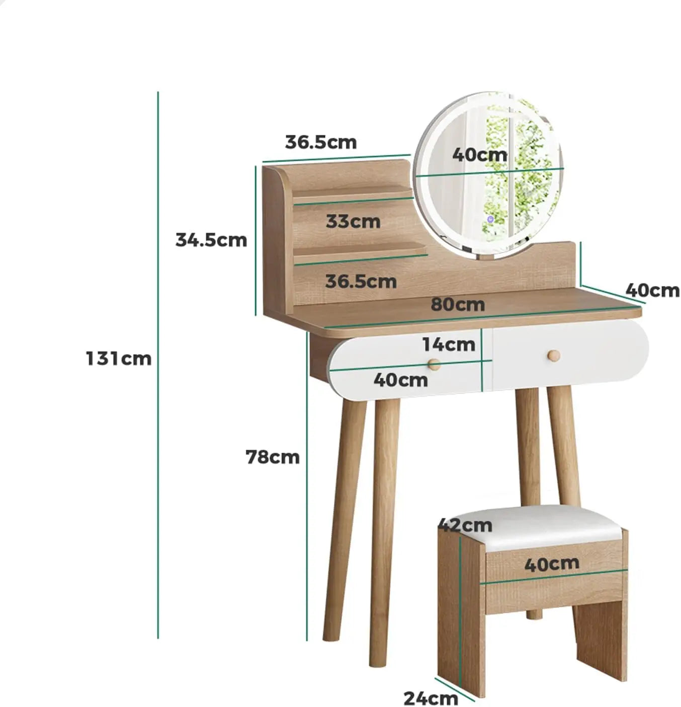 Nutshell modern oak dressing table and stool set with round mirror white drawer and padded stool