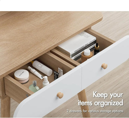 Nutshell dressing table and stool set with natural wood top white drawers two storage compartments and wooden knobs