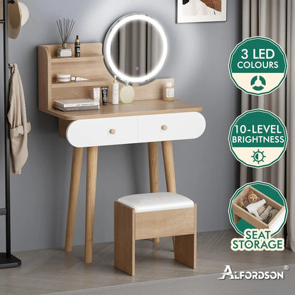 Nutshell dressing table and stool set with LED lighted round mirror natural wood and white finish and hidden seat storage
