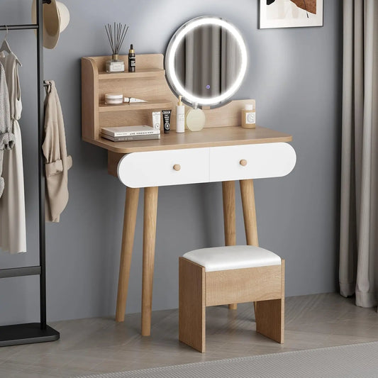 Nutshell modern wood dressing table and stool set with lighted round mirror white drawers cushioned stool