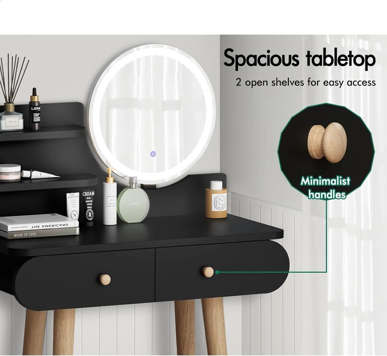 Nutshell black dressing table and stool set with lighted round mirror wooden legs two drawers and open shelves