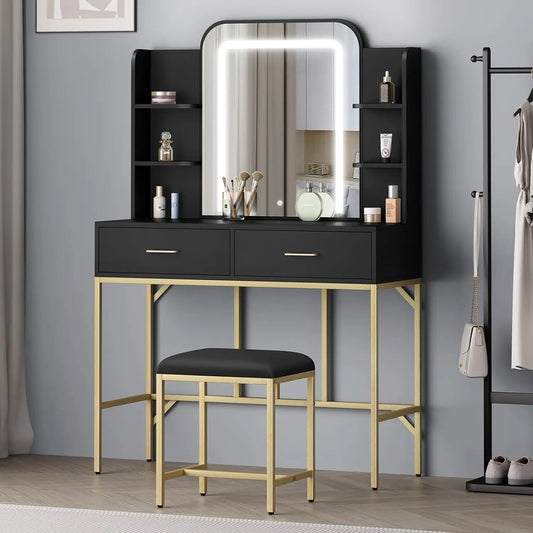 Nutshell black vanity with adjustable lighting LED mirror gold metal legs drawers and matching stool for makeup