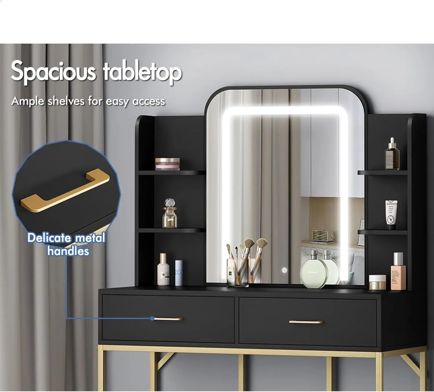 Nutshell black vanity with adjustable lighting and mirror gold legs drawers and shelving for makeup