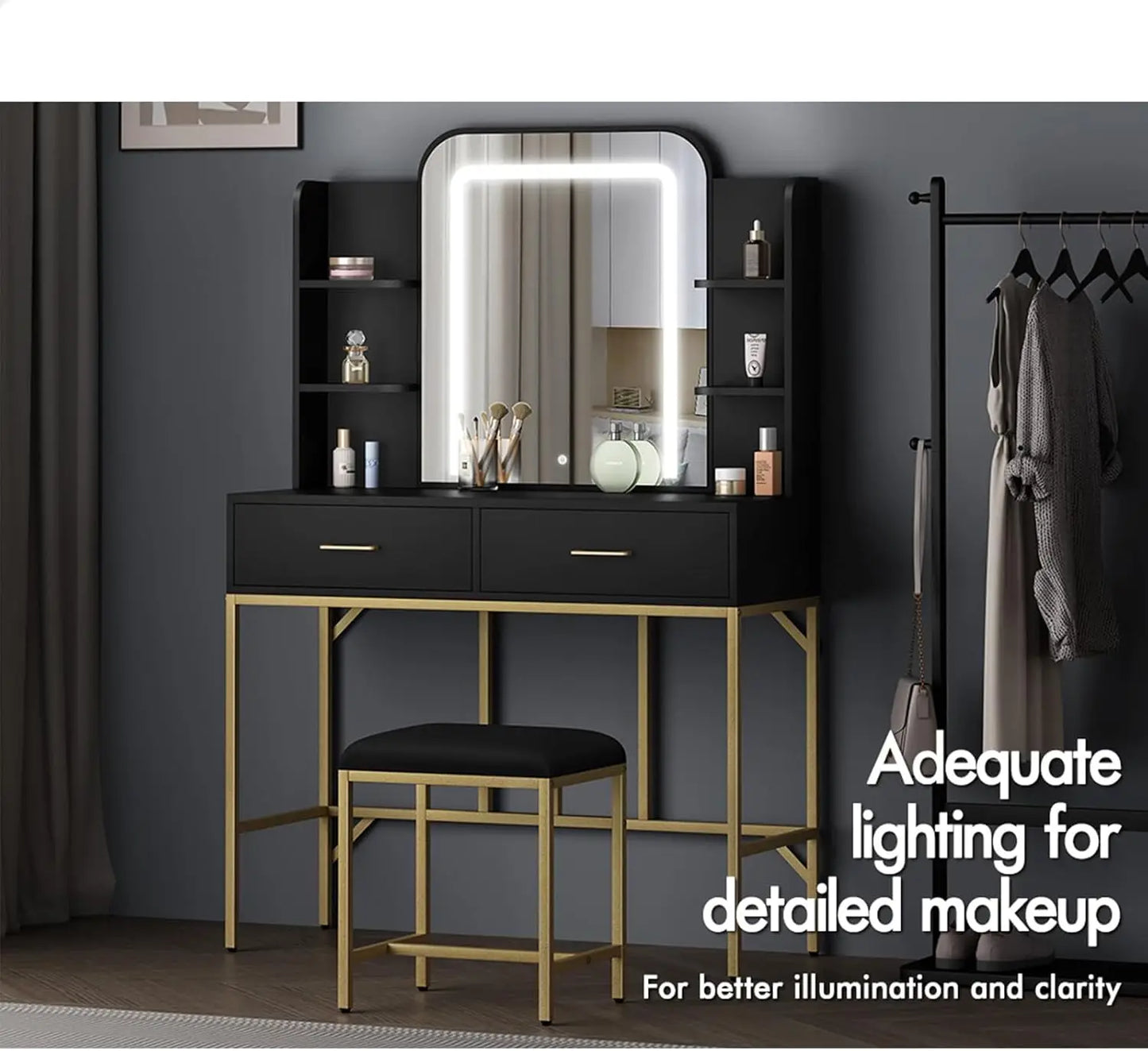 Nutshell black vanity with adjustable lighting and gold metal frame mirror LED drawers and stool