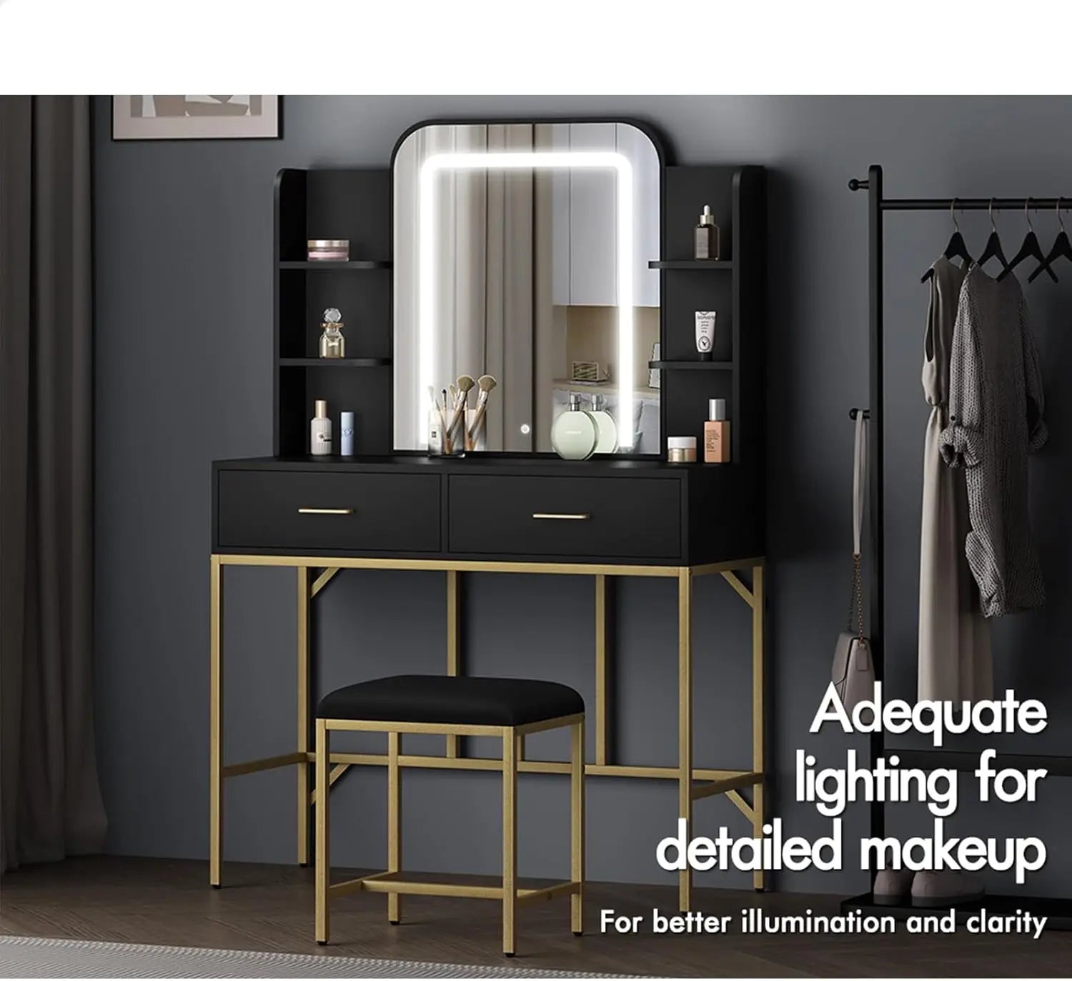 Nutshell black vanity with adjustable lighting and gold metal frame mirror LED drawers and stool