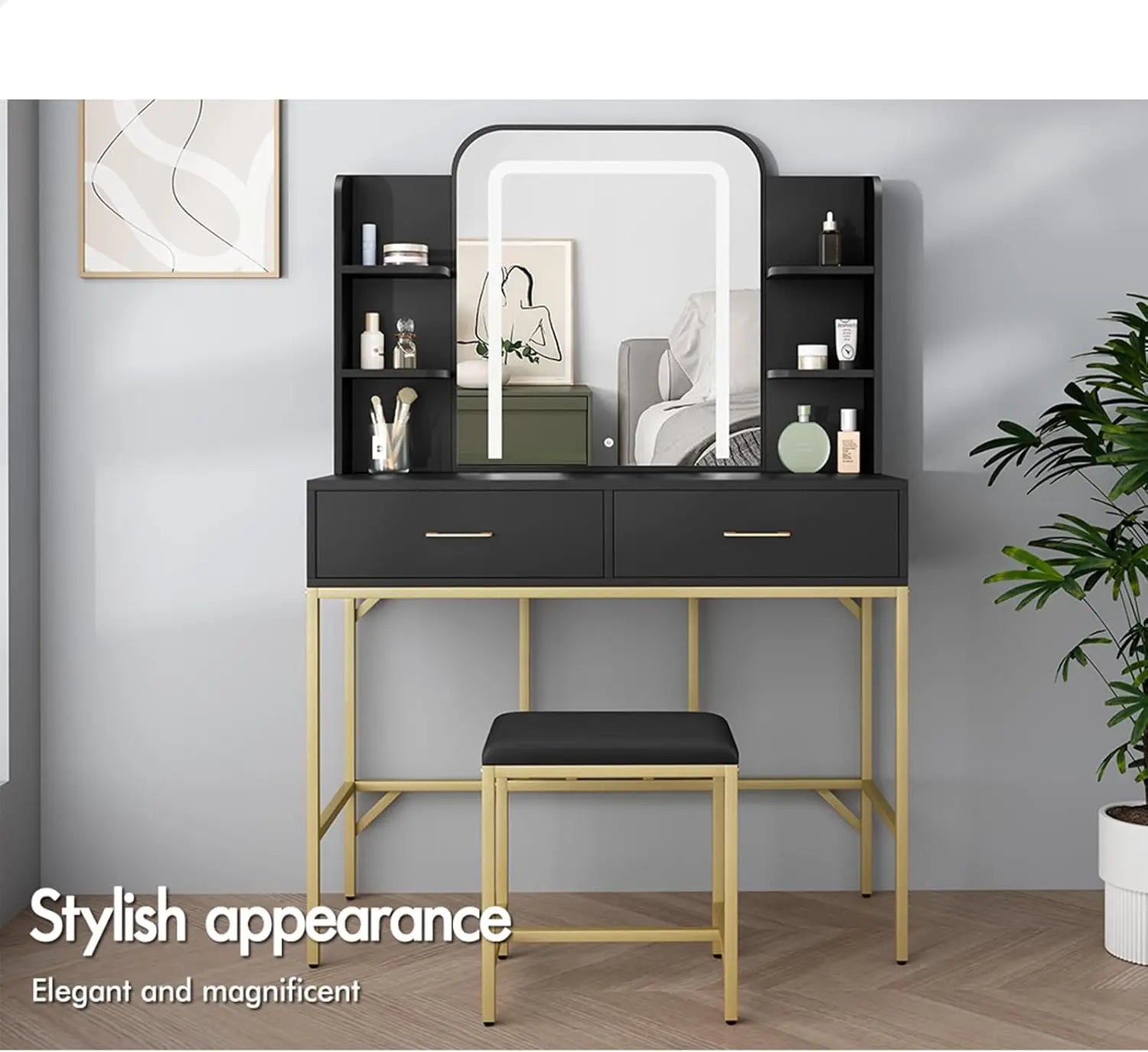 Nutshell black vanity with adjustable lighting gold metal frame two drawers open shelves and matching stool for makeup