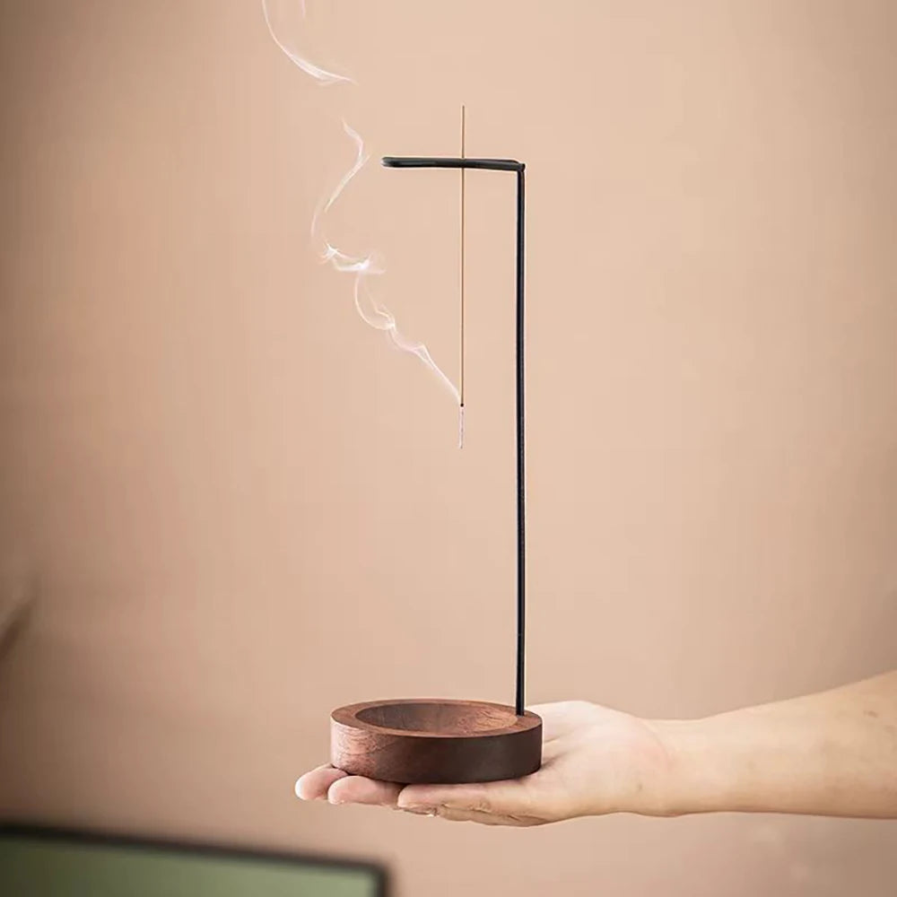 Nutshell anti-ash incense burner holder with wooden base and hanging design for clean incense burning