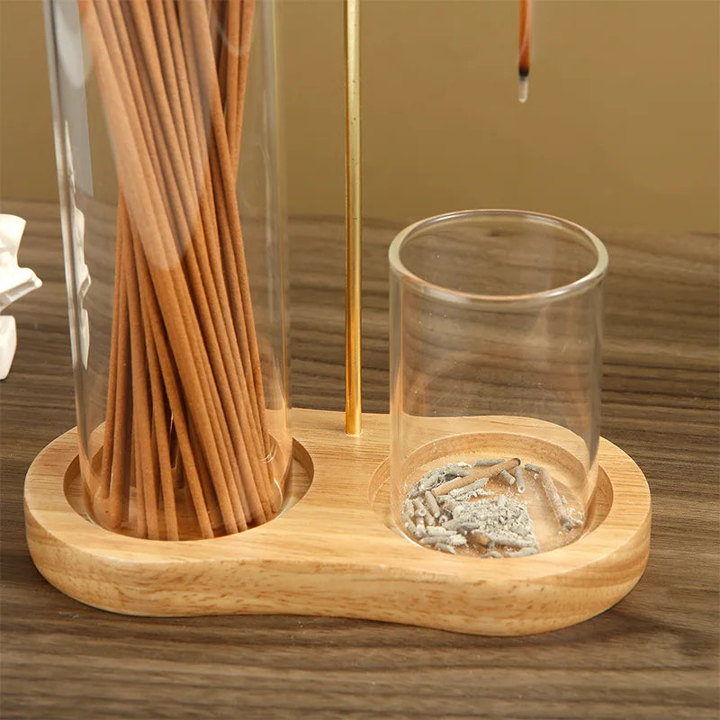 Nutshell anti-ash incense holder with storage featuring wooden base and glass containers for incense sticks and ash