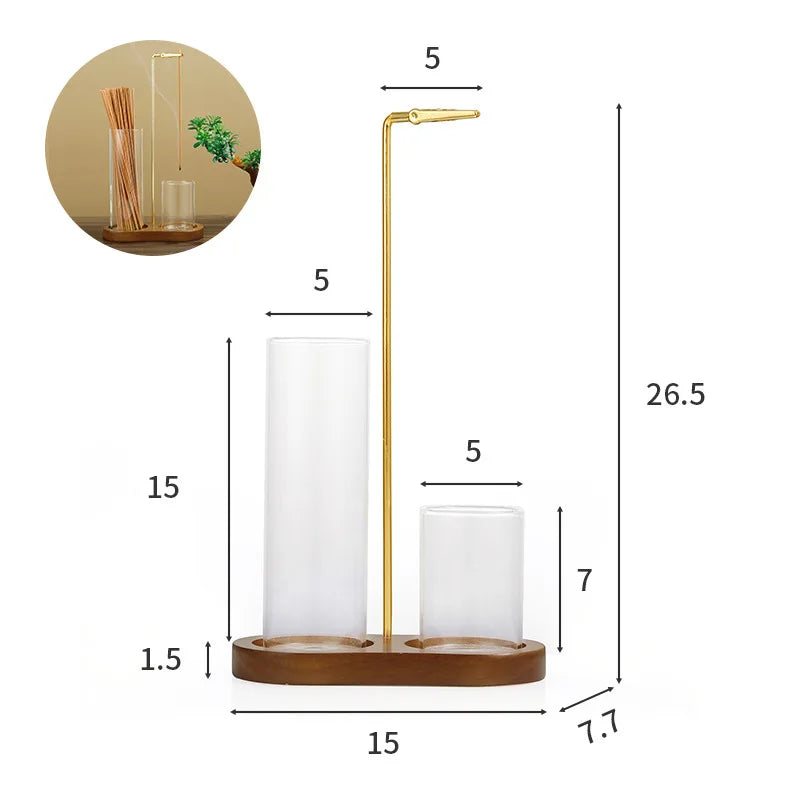 Nutshell anti-ash incense holder with storage featuring glass containers and wooden base with measurements