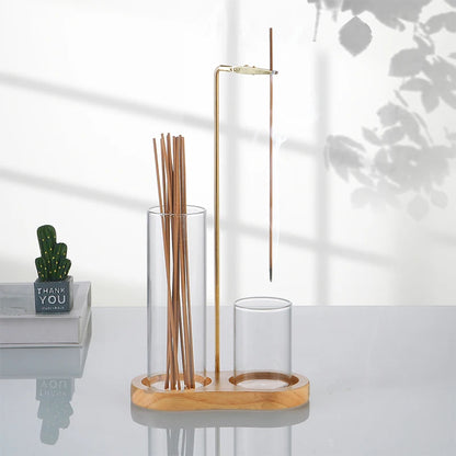 Nutshell anti-ash incense holder with storage featuring wooden base and glass compartments for sticks