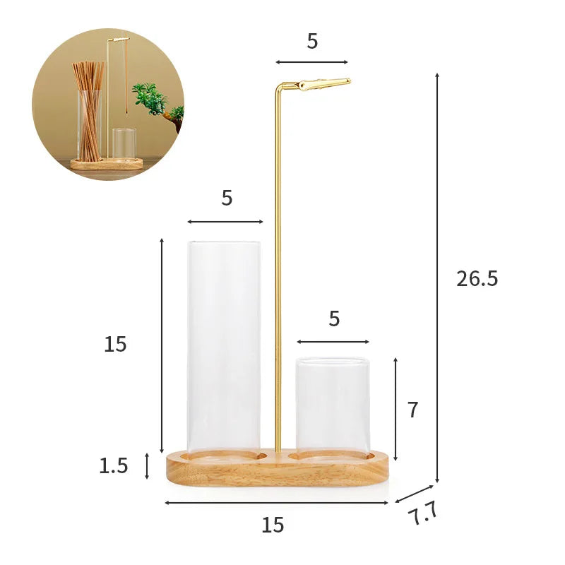 Nutshell anti-ash incense holder with storage featuring wooden base and glass compartments with dimensions
