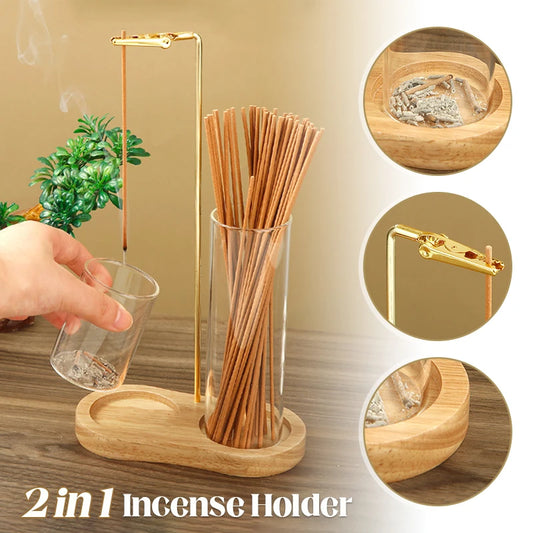 Nutshell anti-ash incense holder with storage featuring wooden base and brass holder with glass container
