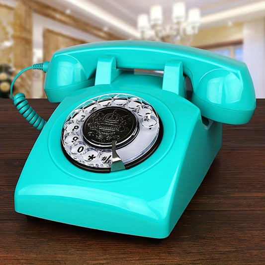Nutshell Antique Corded Landline Phone - 1930s Rotary Dial in vibrant turquoise color on a wooden surface