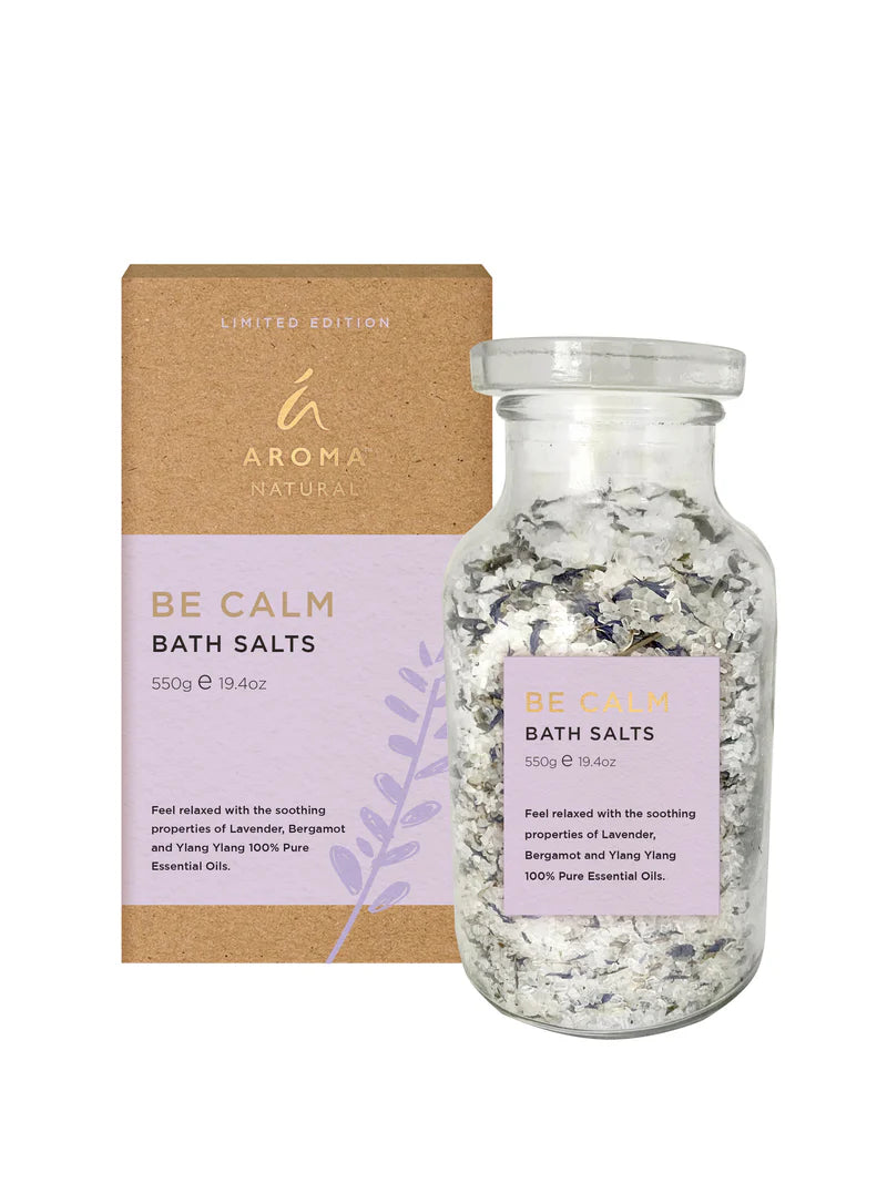 Nutshell Be Calm Bath Salts in clear jar with natural packaging featuring lavender and essential oils
