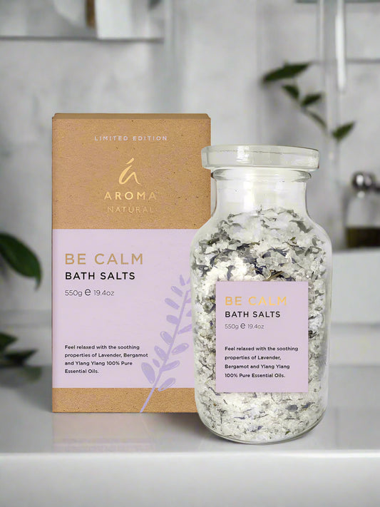 Nutshell Be Calm Bath Salts in glass jar with natural packaging featuring lavender and essential oils