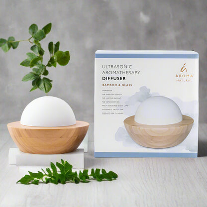 Nutshell bamboo essential oil diffuser with ultrasonic aromatherapy in wooden and glass design