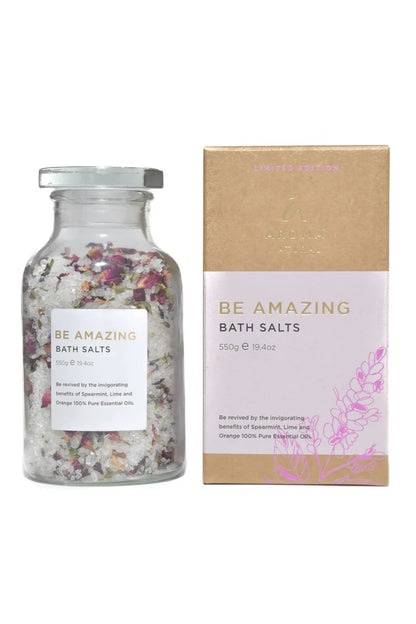 Nutshell Be Amazing Bath Salts in glass jar with dried flowers and matching limited edition box