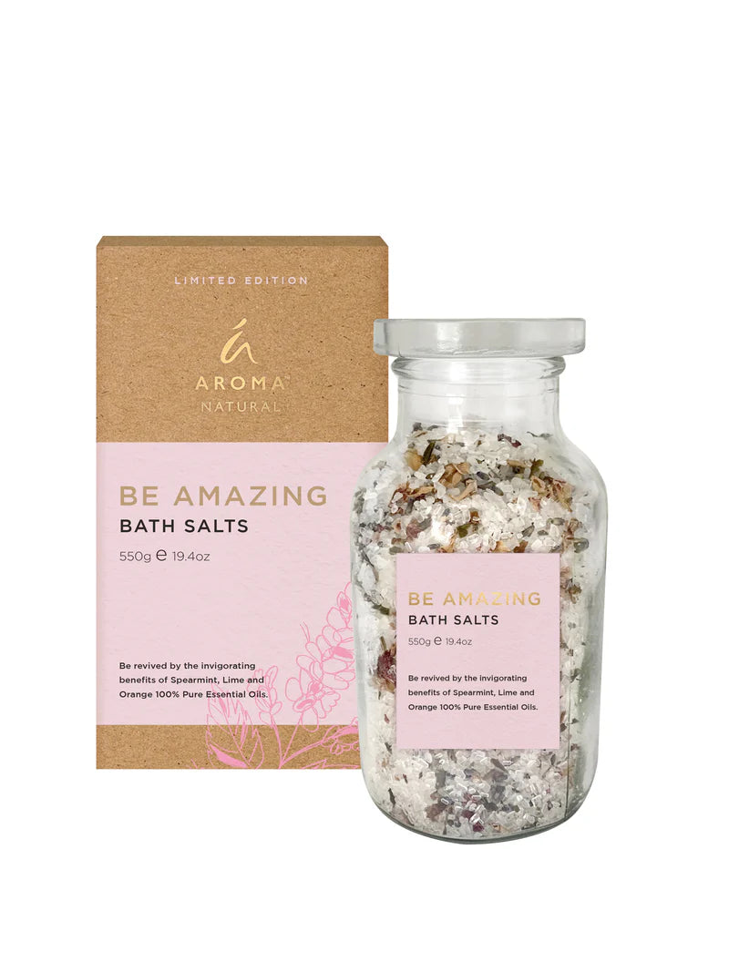 Nutshell Be Amazing Bath Salts in clear jar with pink label and natural cardboard box packaging