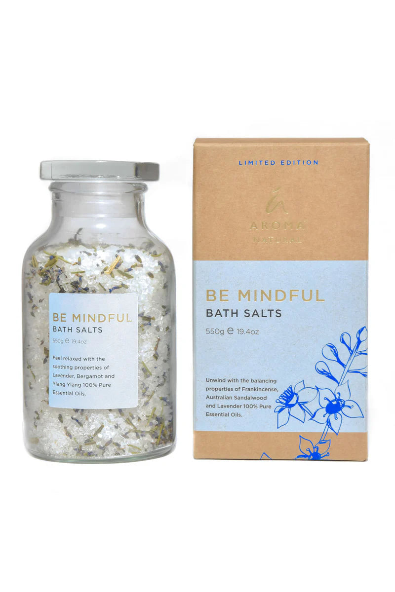 Be Mindful Bath Salts with Frankincense and Lavender in clear glass jar and kraft box by Nutshell
