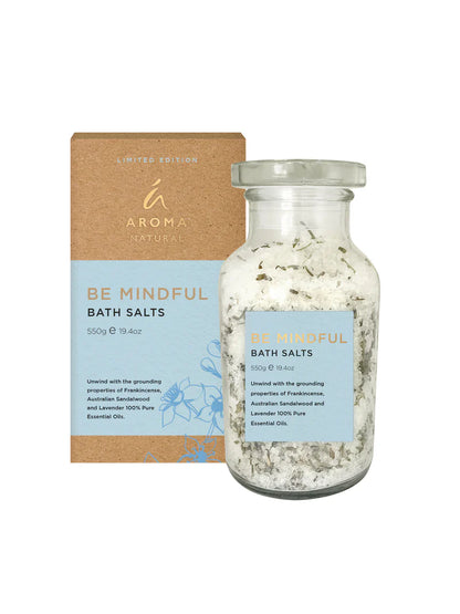 Be Mindful Bath Salts with Frankincense and Lavender in glass jar and packaging by Nutshell