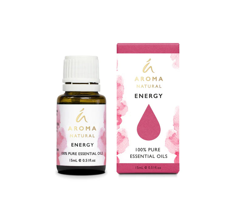Nutshell Aroma Natural Energy Essential Oil Blend 15ml bottle and packaging with pink accents