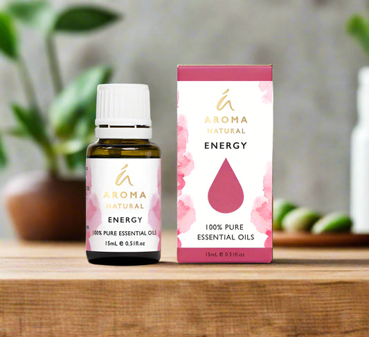 Nutshell Aroma Natural Energy Essential Oil Blend 15ml bottle and box on wooden surface