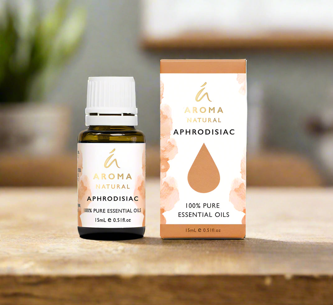 Nutshell Aroma Natural Aphrodisiac Essential Oil Blend 15ml bottle with box on wooden surface