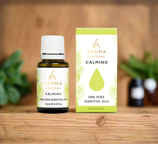 Nutshell Aroma Natural Calming Essential Oil Blend 15ml bottle with box on wooden surface