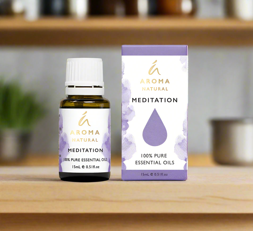 Nutshell Aroma Natural Meditation 15ml Essential Oil Blend bottle and box with lavender design