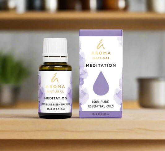 Nutshell Aroma Natural Meditation 15ml Essential Oil Blend bottle and box with lavender design