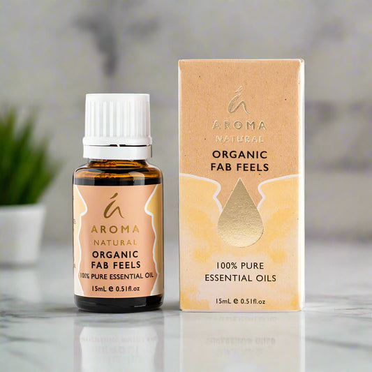 Nutshell Organic Fab Feels Essential Oil Blend 15ml bottle with matching box on marble surface