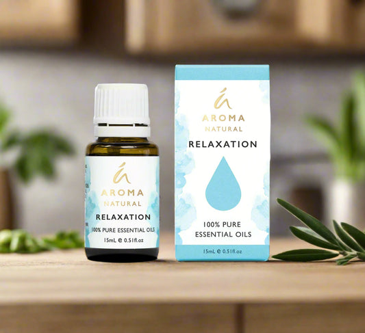Nutshell Aroma Natural Relaxation Essential Oil Blend 15ml bottle with box on wooden surface